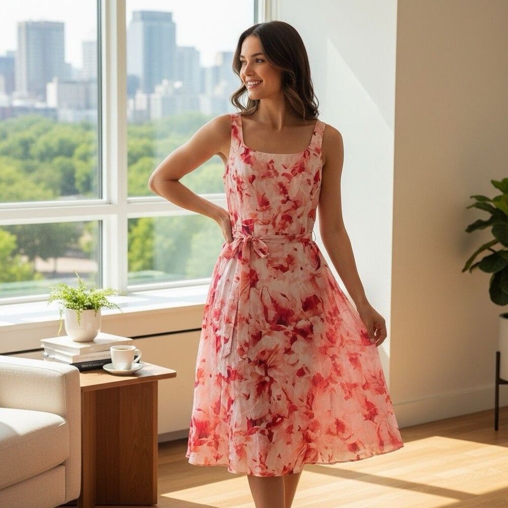 Luxe by Carmen Marc Valvo Floral Dress 14 Pink Jacquard Belted Waist Cocktail